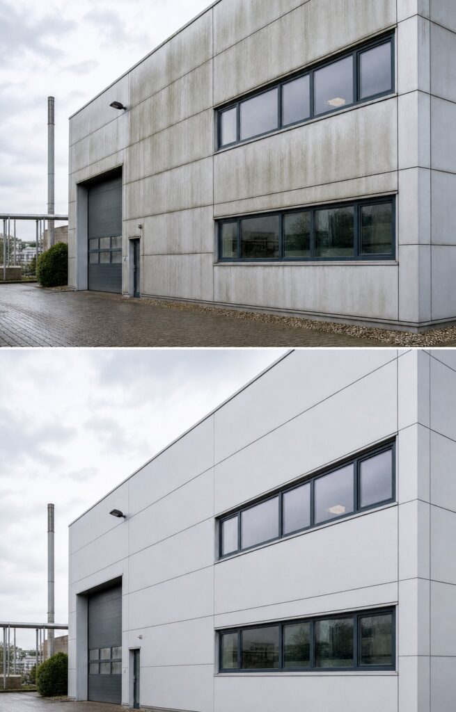 Vorher-Nachher-Vergleich einer Fassadenreinigung am Industriegebäude: oben verschmutzt, unten sauber