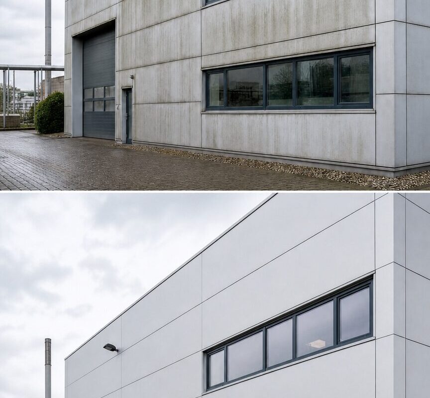 Vorher-Nachher-Vergleich einer Fassadenreinigung am Industriegebäude: oben verschmutzt, unten sauber