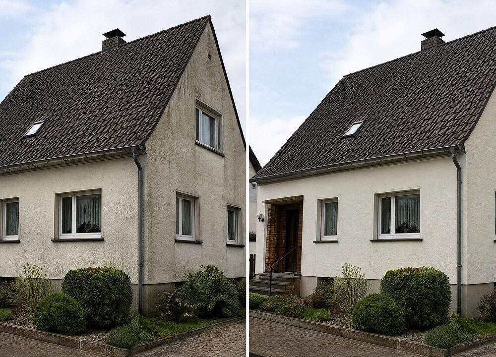 Zwei Ansichten eines weißen Einfamilienhauses mit dunklem Satteldach und Vorgarten