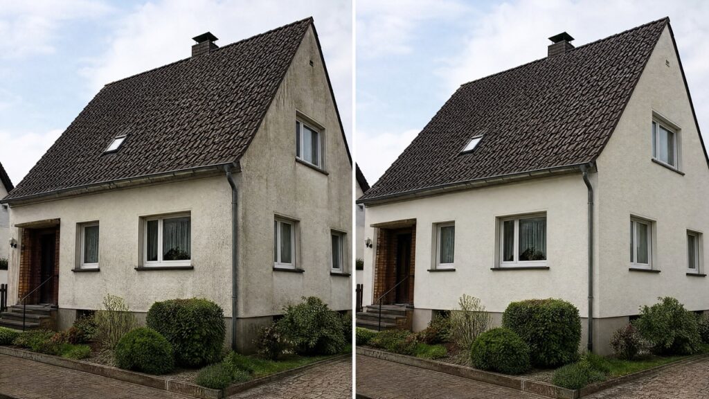 Zwei Ansichten eines weißen Einfamilienhauses mit dunklem Satteldach und Vorgarten