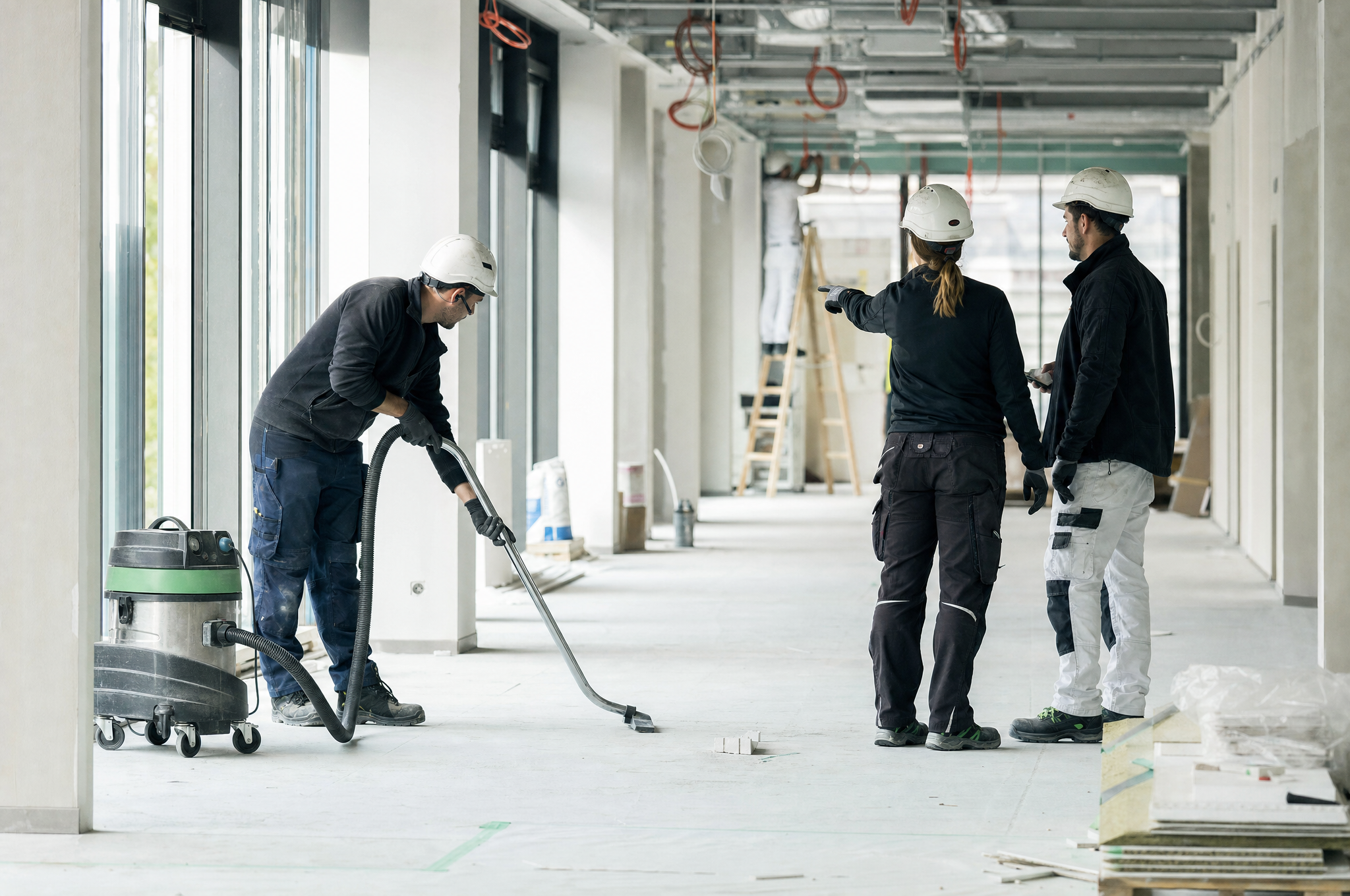 Baureinigung zwischen einzelnen Gewerken auf einer Baustelle