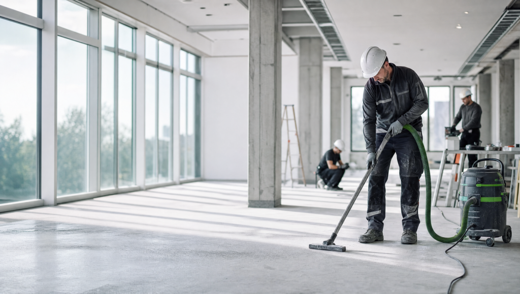 Professionelle Baureinigung während eines Gewerbeumbaus in NRW