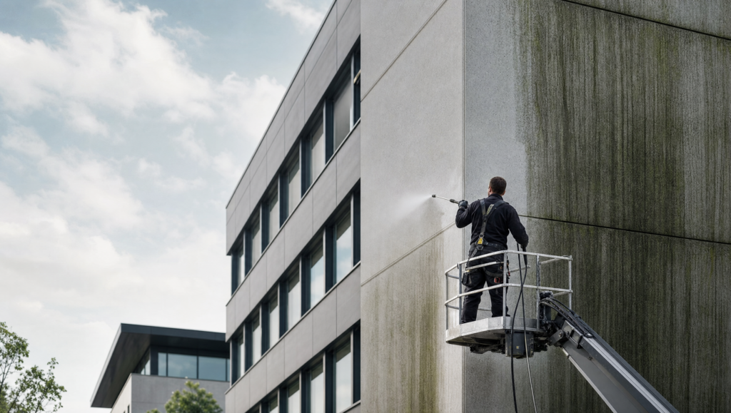 Fassadenreinigung an einem modernen Bürogebäude in NRW