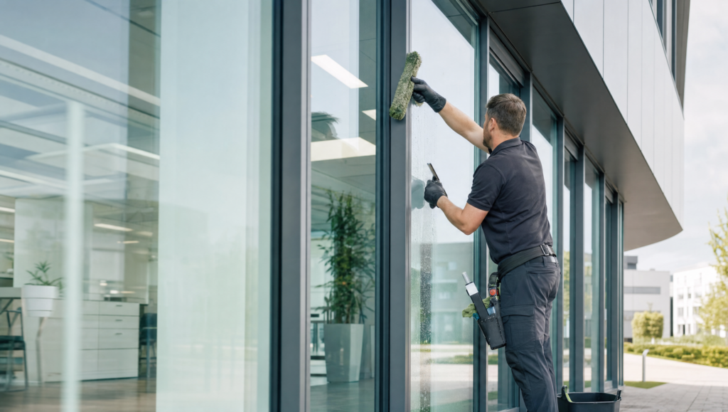 Professionelle Fenster- und Rahmenreinigung an einem Bürogebäude