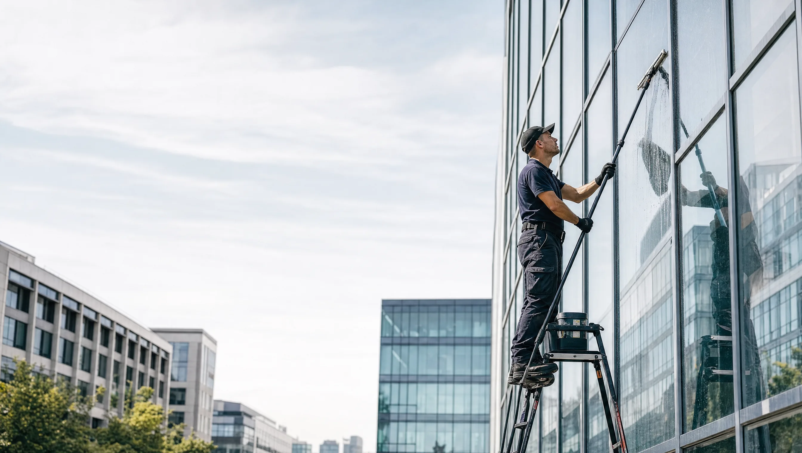 Professionelle Glasreinigung an einem modernen Bürogebäude in NRW