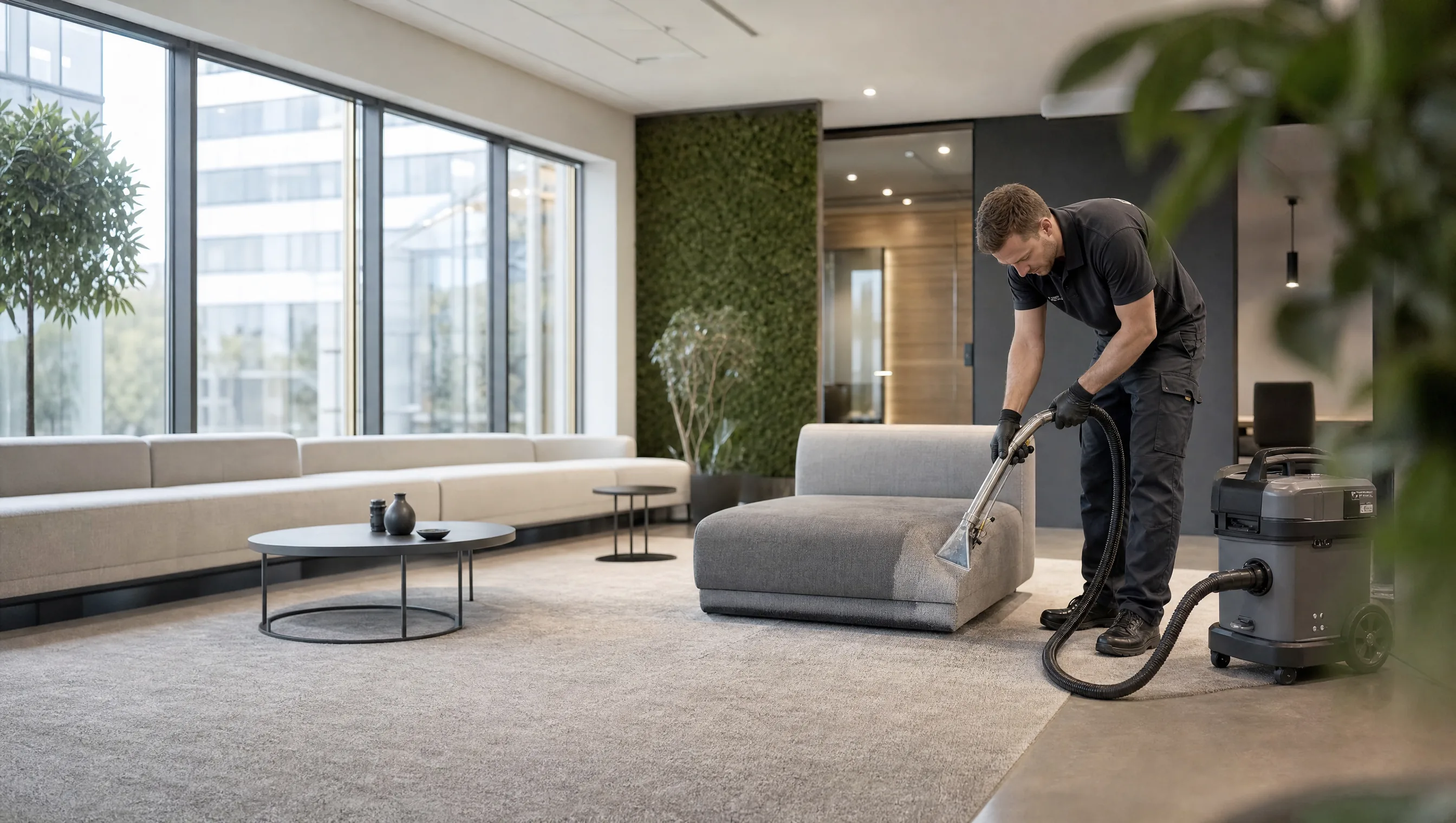 Professionelle Teppich- und Polsterreinigung in einem Büro