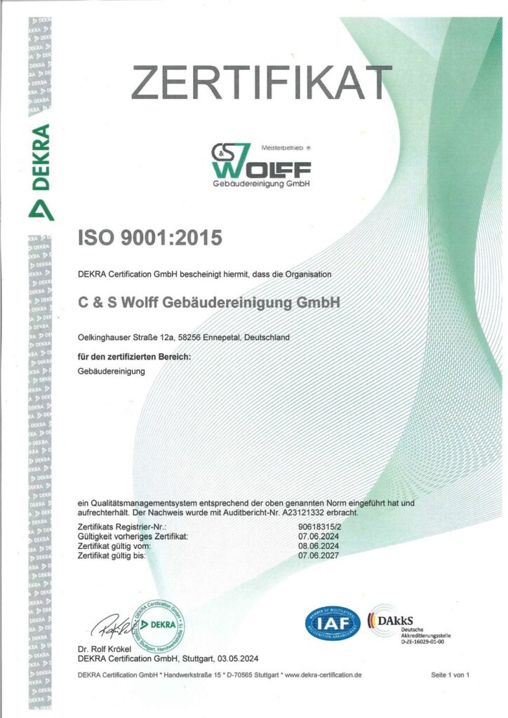 Zertifikat ISO 9001:2015 der DEKRA Certification GmbH f&uuml;r C&S Wolff, g&uuml;ltig bis 07.06.2027